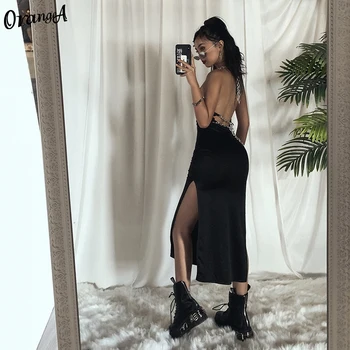 OrangeA lete 2021 split šaty ženy bez rukávov s uväzovaním za solid black sexy backless fashion reťazca streetwear šaty slim oblečenie