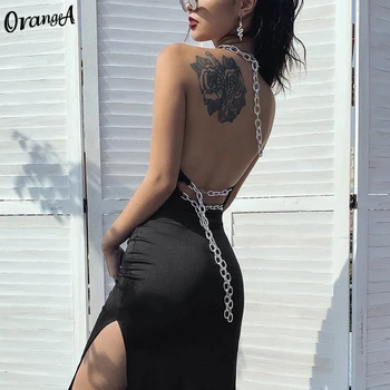 OrangeA lete 2021 split šaty ženy bez rukávov s uväzovaním za solid black sexy backless fashion reťazca streetwear šaty slim oblečenie