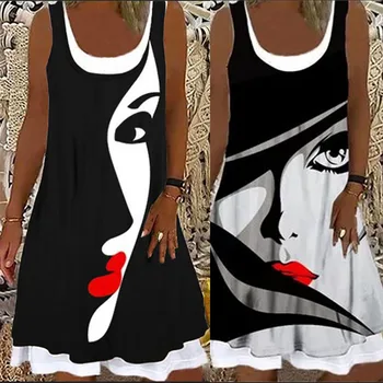 Letné Kolo Krku Sexy Šaty Bez Rukávov Nové Tlač Voľné Mini Šaty Módne Voľné Plus Veľkosť Dámy Oblečenie Pre Voľný Čas
