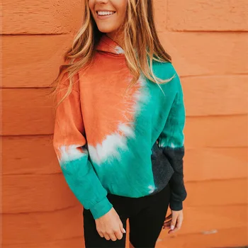 2021 jeseň a v zime, Horúca rýchly predaj populárne tie dye tlač farieb zhodných s Kapucňou sveter s dlhým rukávom pre ženy