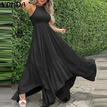 Ženy Šaty 2021 VONDA Bežné Skladaný Sexy bez Rukávov Večerné Party Backless Maxi Šaty Femme Župan Vestidos S-