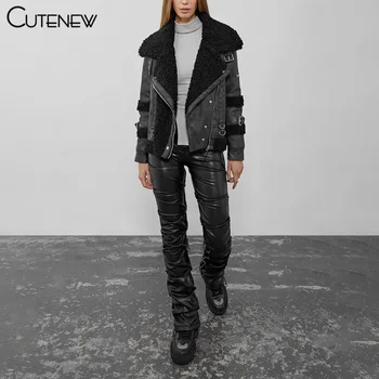 Cutenew Skladaný Pevné Vysoký Pás Skladaný Nohavice Ženy Oblečenie 2021 Nové Módne Faux PU Kožené Lumbálna Street Style Dlhé Nohavíc