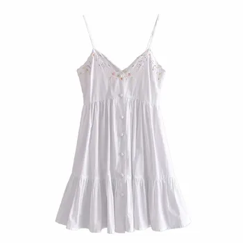 PSEEWE Za Biele Krátke Šaty Žena Vyšívaný Kvetinový Sklzu Mini Letné Šaty Žien 2021 Cutwork Ruched Prehrabať Pláži Sexy Šaty