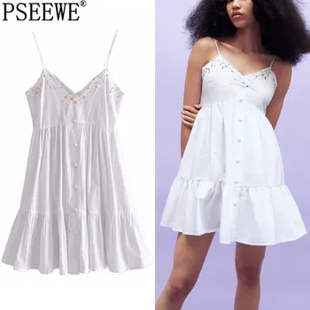 PSEEWE Za Biele Krátke Šaty Žena Vyšívaný Kvetinový Sklzu Mini Letné Šaty Žien 2021 Cutwork Ruched Prehrabať Pláži Sexy Šaty
