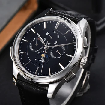44 mm parnis black dial Fázy Mesiaca deň dátum multifunkčné automatické pánske hodinky