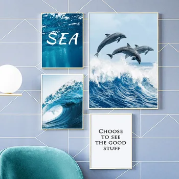 Nástenné Plátno Obrazy Modré More Vlna Dolphin Beach, Maják Umenie Nordic Plagáty Vytlačí Obrazov Na Stenu Pre Obývacia Izba Domova
