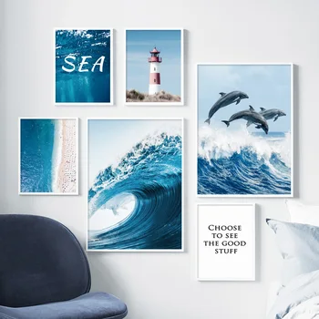 Nástenné Plátno Obrazy Modré More Vlna Dolphin Beach, Maják Umenie Nordic Plagáty Vytlačí Obrazov Na Stenu Pre Obývacia Izba Domova