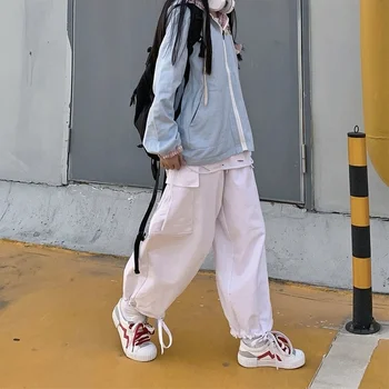 QWEEK kórejský Štýl Biela Cargo Nohavice Ženy Hippie Streetwear Nadrozmerná Širokú Nohu, Čierne Nohavice pre Ženy Vintage Grunge Móda