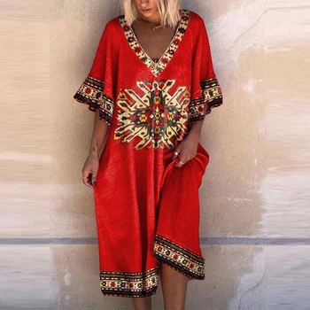 Ženy Voľné Nadrozmerná Plus Veľkosť Krátke Rukáv V Krku Šaty Vintage Bežné Ľudové Tlače Pláži Boho Šaty 4XL Vestido De Mujer платье