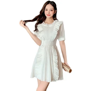 COIGARSAM Ženy jednodielne šaty kórejský Lete Vintage Šaty Bielo Ružové 159