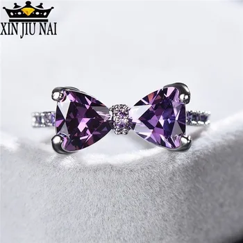 Luxusné Ženy Crystal Fialová Kamenný Kruh Roztomilý Dizajn Malé Bowknot Zásnubný Prsteň Boho Ženská Kapela diamantové prstene pre ženy