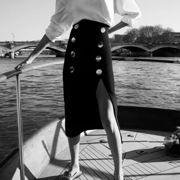 Ženy Lete Vintage Čierna Rovno Sukne 2021 ZA Vysoký pás Tlačidlá Módne, Elegantné Polovici Teľa Sukne Oblečenie