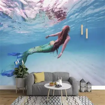 Vlastné 3D Fotografie Tapety nástenná maľba Izba Gauč TV Pozadie nástenná maľba Obývacia Izba Podmorského Sveta Morská víla Ručne maľované Obrázok Tapety