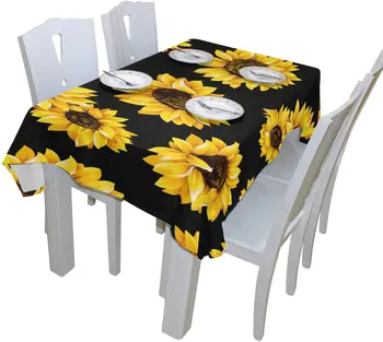 Žlto Kvitnúce Slnečnice Čierny Polyester Moderné Vytlačené Škvrna Vráskam Obrus Odolné Tabuľka Kryt Jedáleň