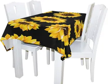 Žlto Kvitnúce Slnečnice Čierny Polyester Moderné Vytlačené Škvrna Vráskam Obrus Odolné Tabuľka Kryt Jedáleň