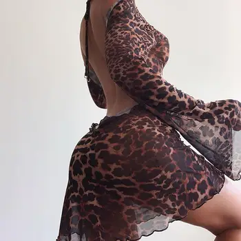Letné Sexy Backless Šaty Letné Leopardí Vzor Horela Rukávy Ženy Mini Šaty Módne Oblečenie