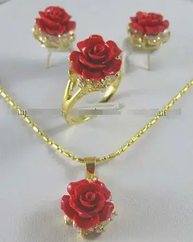 12 MM, Červený Korál Ručne Vyrezávané Kvetinový Náušnice, Prsteň Náhrdelník s Príveskom, Šperky Set AAA