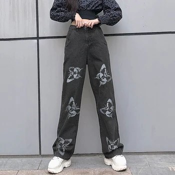 Vzor Motýľ Neforemné Džínsové Nohavice Ženy Kórejský Fahion Vysoký Pás Širokú Nohu, Nohavice Príležitostné Voľné Plus Veľkosť Streetwear