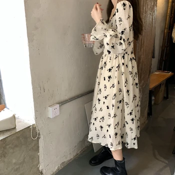 Vintage Kvetinový Šifón Šaty pre Ženy Bežné tvaru francúzsky Slim Strany Midi Šaty Elegantné jednodielne Šaty kórejský Lete 2021