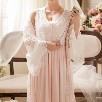 Vintage Oblečenie Čipky Nightgown Sada pre Dámy Víla Výšivky Sleepwear Princezná Šaty, Šaty Dva-kus Ženy, Nové Módne Nightdress