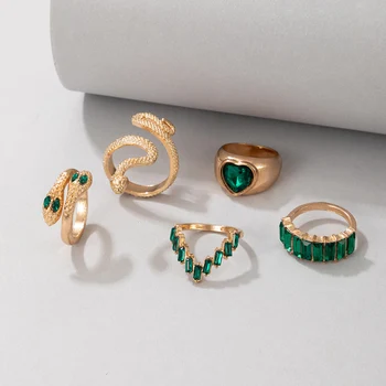 Docona 5 ks/set Luxusný Green Crystal Láska Srdce Hada Prst Prstene pre Ženy, Otvorené Cobra Tvar Kovových Prsteň Zlaté Šperky 19656