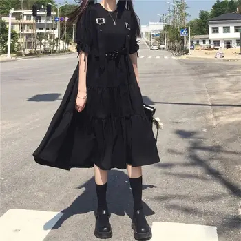 Letné Šaty Pre Ženy Bežné 2021 Kawaii Gotické Šaty, Krátky Rukáv Popruh Midi Šaty Lolita Harajuku Cottagecore Župan Goth
