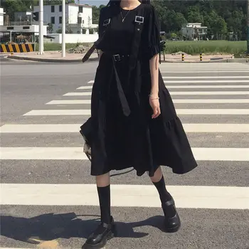 Letné Šaty Pre Ženy Bežné 2021 Kawaii Gotické Šaty, Krátky Rukáv Popruh Midi Šaty Lolita Harajuku Cottagecore Župan Goth