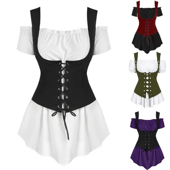 Stredoveké Steampunk 2Peices Oblečenie Set pre Ženy Mimo Ramenný Tričko Obväz Vesta Fáze Viking Pirát Cosplay Kostýmy