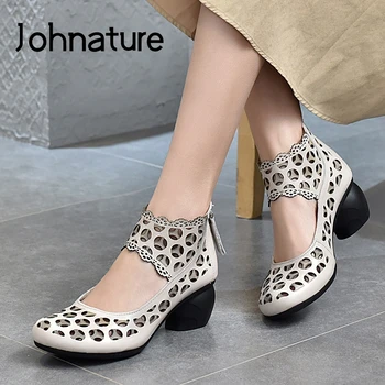 Johnature Retro Ženy Sandále Letné Topánky 2021 Nové Originálne Kožené Zip Ručne Stručne Duté Voľný Čas Platformu Dámy Sandále