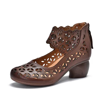Johnature Retro Ženy Sandále Letné Topánky 2021 Nové Originálne Kožené Zip Ručne Stručne Duté Voľný Čas Platformu Dámy Sandále