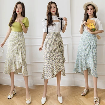 Letné 2021 Vintage Kvetinový Nepravidelný Šifón Midi dámske Sukne kórejský Módne Řasnice Elegantné Morská víla Sukne Jupe Femme