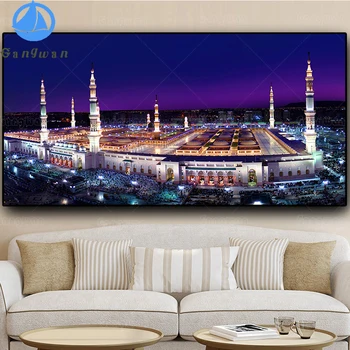 Islam Budovy Nightscape diamond Maľovanie Mekky Islamskej Moslimskej Mešite plnej námestie kolo vŕtať Stenu Obrázok pre Obývacia Izba