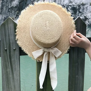 2021 Nové letné slnko klobúk luk Raffia klobúk Clonu Temperament ploché Slamené klobúky Žien More, pláž dovolenku voľný čas opaľovací krém klobúk