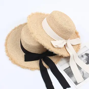 2021 Nové letné slnko klobúk luk Raffia klobúk Clonu Temperament ploché Slamené klobúky Žien More, pláž dovolenku voľný čas opaľovací krém klobúk