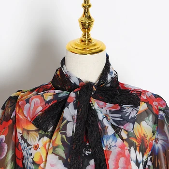 GALCAUR Vintage Kvetina Tlače Blúzka Pre Ženy Bowknot Golier Svetlice Rukáv Voľné Tričko Ženskej Módy 2020 Letné Oblečenie