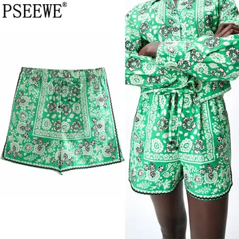PSEEWE Za Šortky Ženy Zelená Tlač Vysoký Pás Krátke Nohavice Žena Lete 2021 Elastický Pás Streetwear Módy Voľné Bežné Šortky