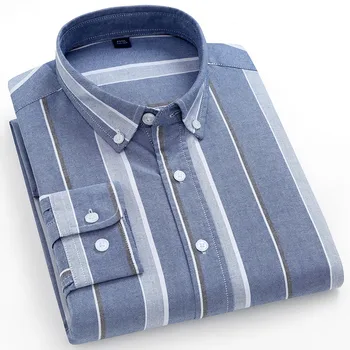 2021 New Čistá Bavlna Pánske Oxford Pruhované Tričká Koberčeky Business Bežné Kvalitné Tričko s Dlhým rukávom Pre Človeka Tlačidlo Hore Tričko