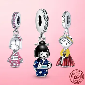 925 Sterling Silver Japonské Bábiky v Modrej Kimono kórejská Dievča Visieť Kúzlo Korálky fit Prívesok Pandora Náramok, Náhrdelník Šperky