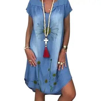 Módne dámske Letné Džínsy, Šaty, Krátky Rukáv Chryzantéma Tlač Nepravidelný Lem Voľné Džínsové Šaty Bežné Vintage Ženy Šaty