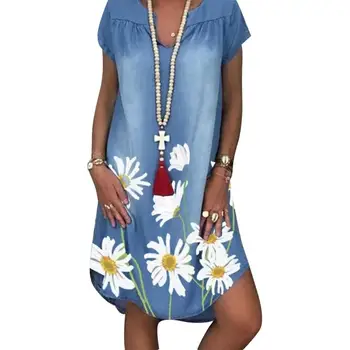 Módne dámske Letné Džínsy, Šaty, Krátky Rukáv Chryzantéma Tlač Nepravidelný Lem Voľné Džínsové Šaty Bežné Vintage Ženy Šaty