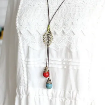 Retro etnický štýl Ručné keramické korálky sveter reťazec Dlhý náhrdelník N302