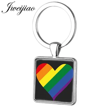 JWEIJIAO farebnú Dúhu LGBT Námestie Keychain Námestie Sklenené Cabochon zobrazili kľúčové tlačidlá Tlačidlo Reťazca Krúžok Držiak Prívesok BT46