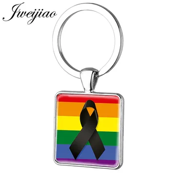 JWEIJIAO farebnú Dúhu LGBT Námestie Keychain Námestie Sklenené Cabochon zobrazili kľúčové tlačidlá Tlačidlo Reťazca Krúžok Držiak Prívesok BT46