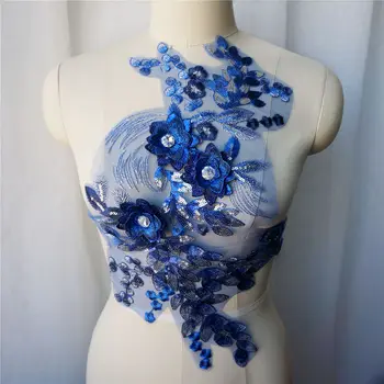 Kráľovská Modrá 3D Kvet Čipky Textílie, Strieborné Sequin Vyšívané Šaty Appliques Golier Tylu Oka Šiť Patch Pre Svadobné Dekorácie