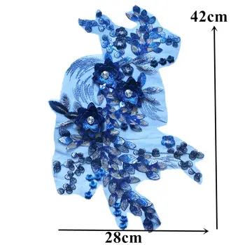 Kráľovská Modrá 3D Kvet Čipky Textílie, Strieborné Sequin Vyšívané Šaty Appliques Golier Tylu Oka Šiť Patch Pre Svadobné Dekorácie