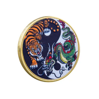 Staré Čínske Zver Maskot Šťastie Odznak Sľubný Drak a Tiger Maľované Pamätných Mincí, Kovové Remeslá a obchod so Darček