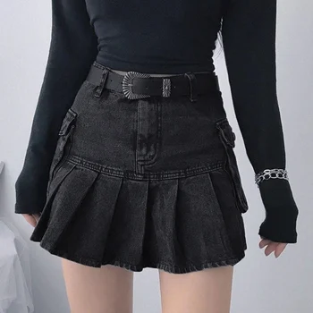 SHUJIN Short-Line Denim Sukne Pre Ženy, Streetwear Vrecká Nad Kolená Sukne Harajuku kórejský Sexy Mini Sukne Bežné Clubwear