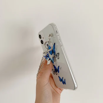 Motýľ Reťazca Zápästie Telefón puzdro pre IPhone 11 12 Pro Max Transparentný Silikónový Kryt pre IPhone XR X XS Max 7 8 Plus Coque