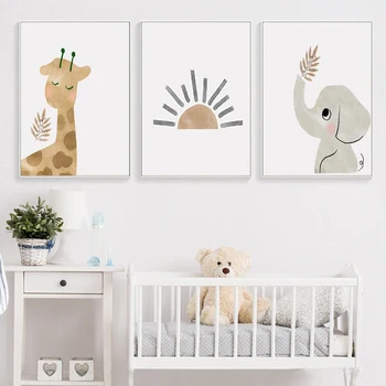 Slnko Plagáty a Vytlačí Medveď Žirafa, Slon Cartoon Zvierat Plátno Tlačí na detské Izby, Dekorácie maľovať Obrázky