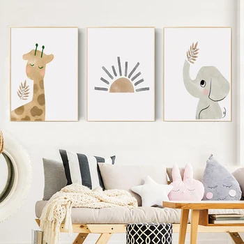 Slnko Plagáty a Vytlačí Medveď Žirafa, Slon Cartoon Zvierat Plátno Tlačí na detské Izby, Dekorácie maľovať Obrázky